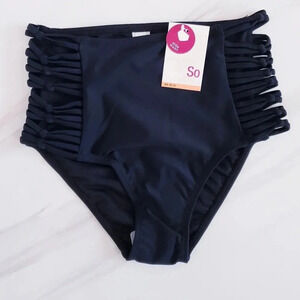 SO Juniors High Waist Knotted Side Bikini Bottom Size XS Black Side Detail Lined